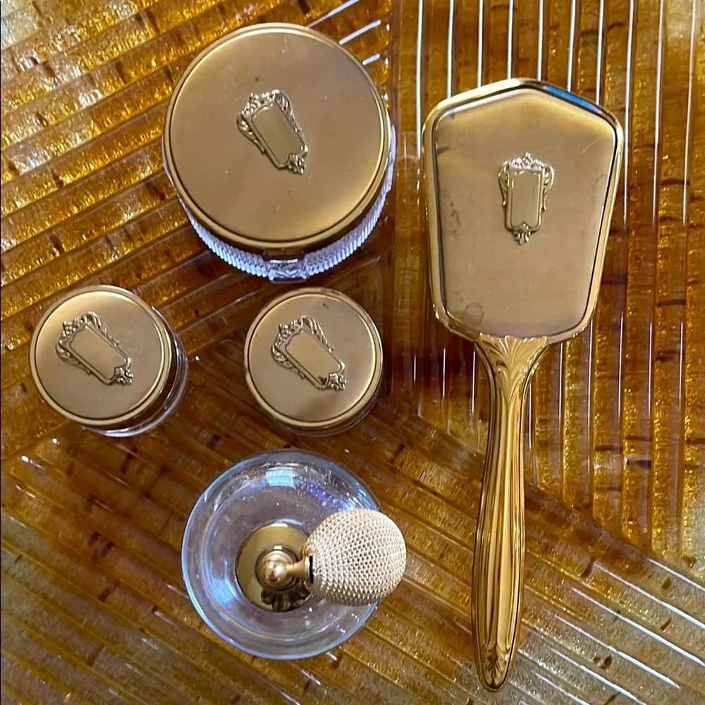 Gold Vanity Brush and Jar Set - Unbranded